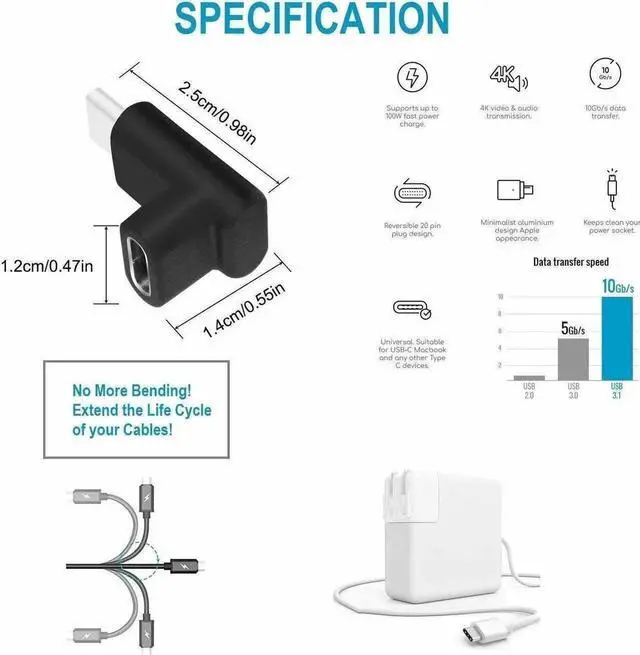 Alt view image 7 of 7 - WRIARICH 2 Pack Up & Down Angled USB-C Adapter, 100W Fast Charging 4K Video Type-C Connector