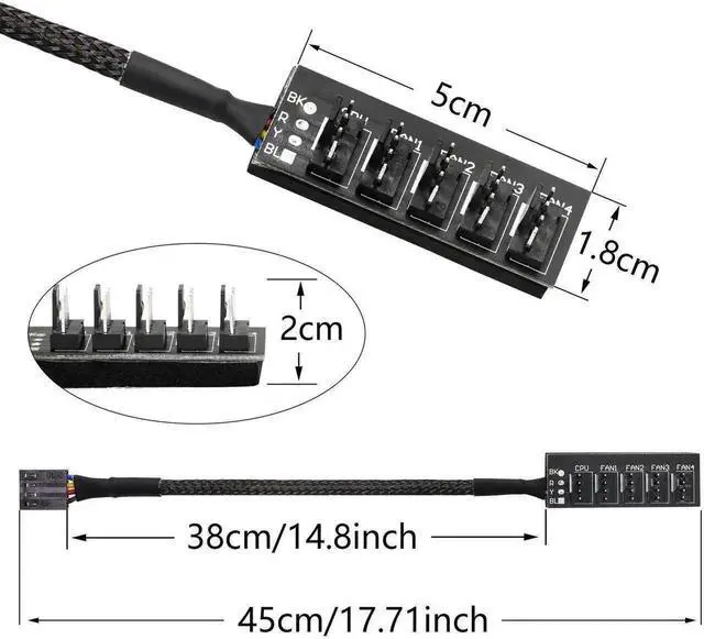 Alt view image 3 of 7 - WRIARICH 2 Pack 14.8 Inch 1-to-5 PWM Fan Splitter Hub Cable, 4Pin Fan Power Extension Cord Compatible with 3Pin/4Pin ATX PC Case & CPU Cooling Fans