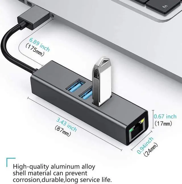 Alt view image 5 of 7 - Black Aluminum USB 3.0 Multiport Hub with 3×USB3.0 Ports & Gigabit RJ45 Ethernet Adapter, 10/100/1000 Mbps LAN Network Converter Compatible with MacBook, Ultrabook, Windows Laptops, Tablets & Linux Sy