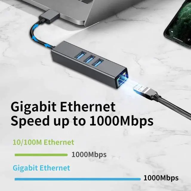 Alt view image 6 of 7 - Black Aluminum USB 3.0 Multiport Hub with 3×USB3.0 Ports & Gigabit RJ45 Ethernet Adapter, 10/100/1000 Mbps LAN Network Converter Compatible with MacBook, Ultrabook, Windows Laptops, Tablets & Linux Sy