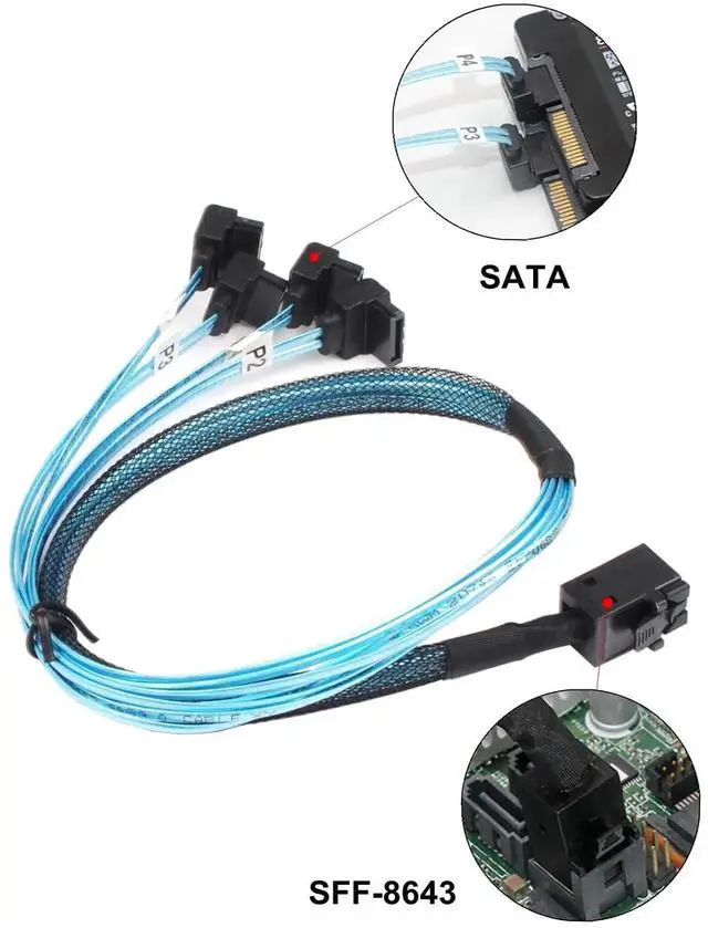Alt view image 3 of 5 - WRIARICH 0.5M / 1.6FT SFF-8643 HD Mini SAS to 4 Right-Angle SATA Breakout Cable, Mini SAS RAID Controller to Quad SATA Hard Drive Fanout Cord