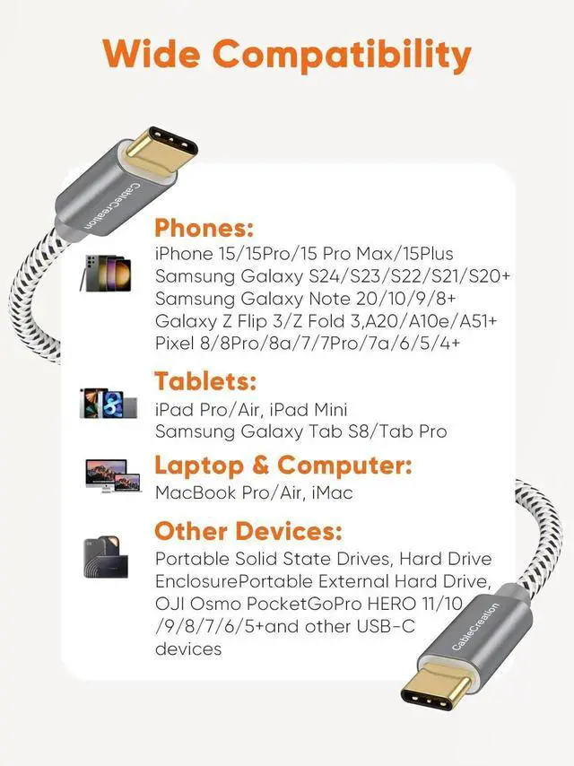 Alt view image 5 of 7 - WRIARICH 1FT 100W USB3.1 Gen2 USB-C to USB-C Cable | 10Gbps Data, 4K Video Output Fast Charging Cord for iPhone15/16, MacBook, SSD & Galaxy S24/S23