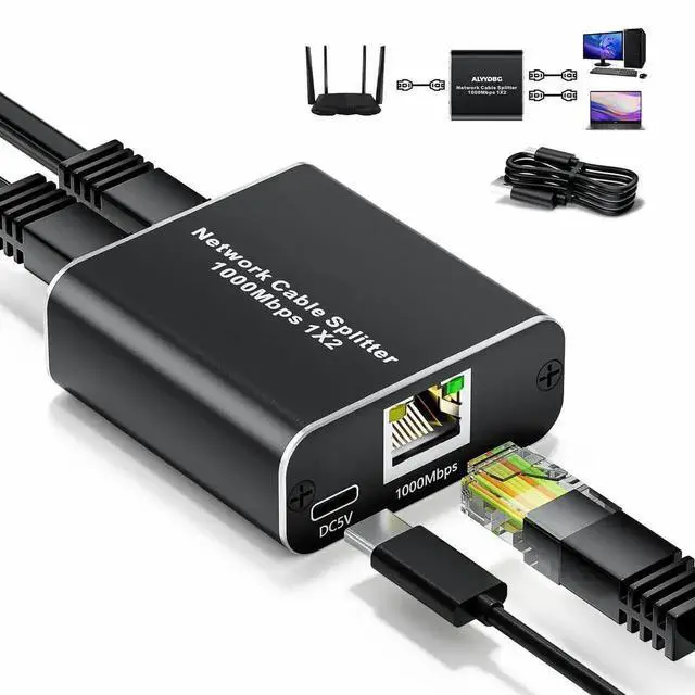Main image of WRIARICH Vszerda 1-in-2 Out Gigabit RJ45 Ethernet Splitter with USB Power Cable, 1000Mbps LAN Splitter Compatible with Cat5/Cat5e/Cat6/Cat7/Cat8 for Laptop PC TV PS5 Xbox