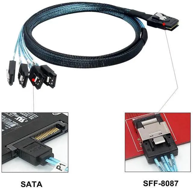 Alt view image 3 of 5 - WRIARICH 1M/3.3FT SFF-8087 Mini SAS 36Pin to 4 SATA 7Pin Fan-Out Cable, SFF8087 Host to Quad SATA Hard Drive Cord