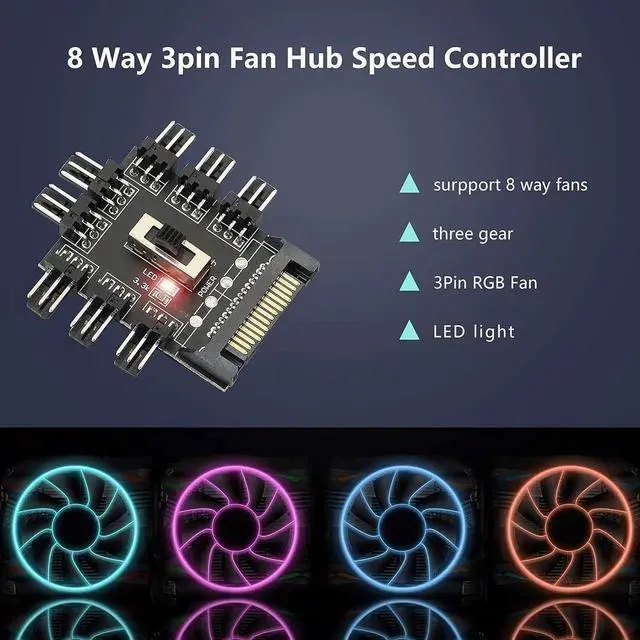 Alt view image 4 of 7 - WRIARICH SATA Powered 1-to-8 PC Fan Hub, 12V 3Pin Fan Splitter Controller Hub Compatible with Desktop Chassis Cooling Fans