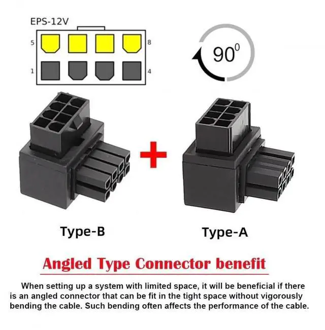 Alt view image 6 of 7 - WRIARICH 2 Pack 90° Up/Down Angled ATX 8P EPS Male to Female CPU Power Adapter, 12V