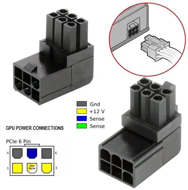 Alt view image 7 of 7 - WRIARICH 2 Pack 90 Degree Up/Down ATX 6Pin Male to Female GPU Power Angle Adapter Connector