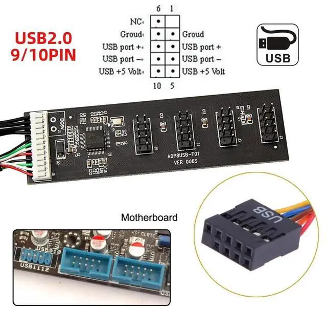Alt view image 4 of 7 - WRIARICH Internal USB2.0 9Pin/10Pin Header 1-to-4 Female Hub Splitter Cable with IDE Power Supply Port for Motherboard