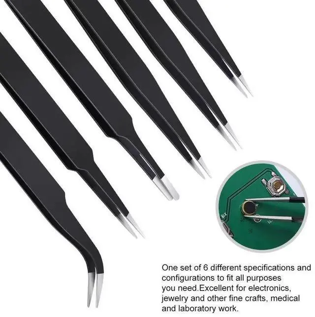 Alt view image 4 of 6 - WRIARICH 6 Pcs Anti-Static Precision Stainless Steel Tweezers Set, Curved & Straight Tips, for Electronics Soldering, Lab, Jewelry & Crafts