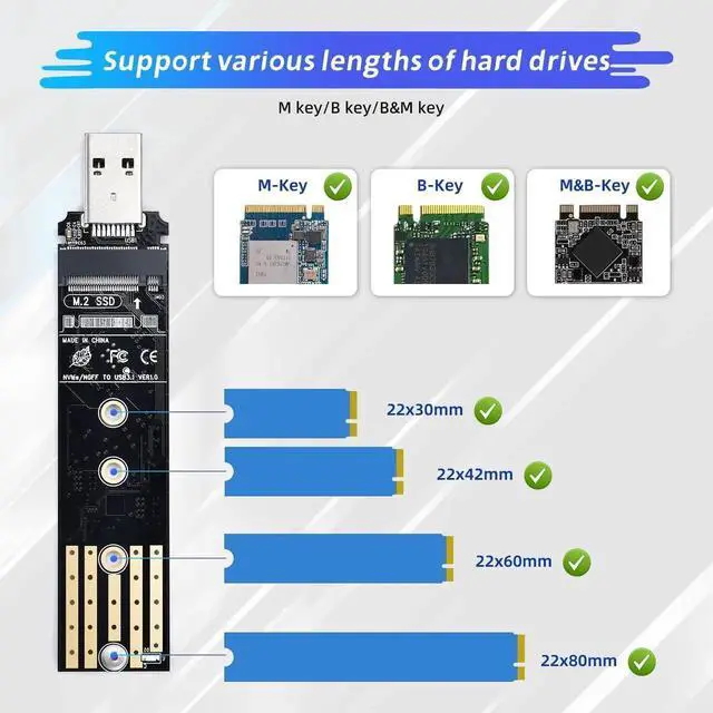 Alt view image 3 of 7 - WRIARICH Dual Protocol M.2 to USB Adapter Enclosure, USB3.1 Gen2 10Gbps, Supports NVMe M-Key & SATA B+M-Key SSD, UASP Accelerated, Up to 4TB, Fits 2230/2242/2260/2280