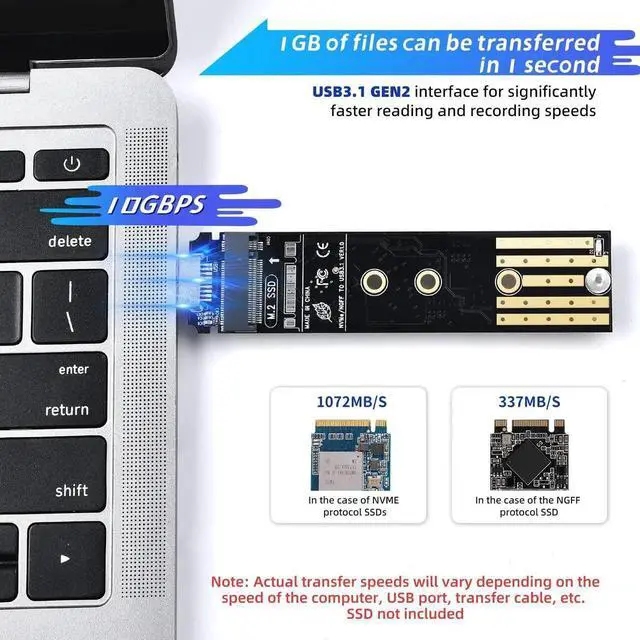 Alt view image 6 of 7 - WRIARICH Dual Protocol M.2 to USB Adapter Enclosure, USB3.1 Gen2 10Gbps, Supports NVMe M-Key & SATA B+M-Key SSD, UASP Accelerated, Up to 4TB, Fits 2230/2242/2260/2280