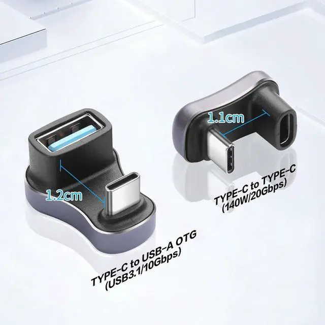 Alt view image 3 of 6 - WRIARICH 2 Pack 180 Degree U Shape USB C Adapter, USB A to C & USB C to C Elbow Connector 140W PD Charging 10/20Gbps Data Transfer Compatible with Laptop Phone Tablet