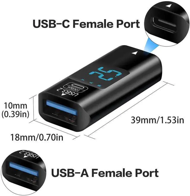 Alt view image 2 of 7 - WRIARICH 2 Pack USB 3.2 Gen2 USB C Female to USB A Female Coupler with Digital Power Display, 10Gbps Data Transfer Dual-Way Fast Charging Adapter Converter for USB-A & USB-C Devices