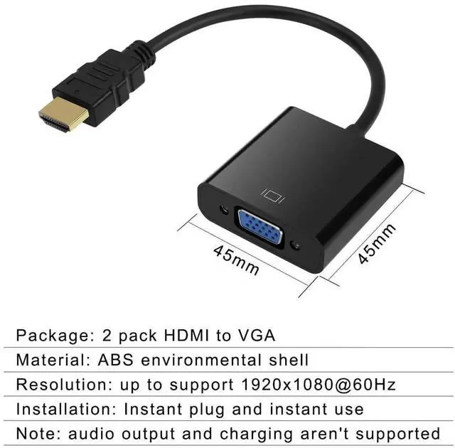 Alt view image 4 of 7 - WRIARICH 2 Pack Gold-Plated HDMI Male to VGA Female Adapter Black, HDMI to VGA Video Converter for Laptop PC Monitor Projector HDTV Xbox Raspberry Pi Roku Chromebook