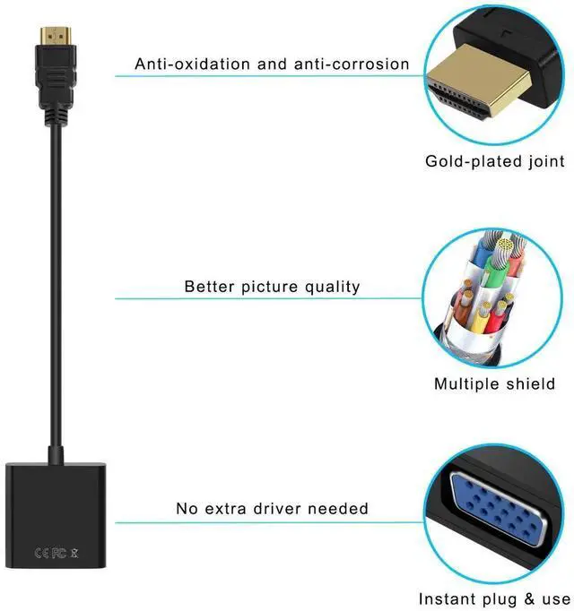 Alt view image 5 of 7 - WRIARICH 2 Pack Gold-Plated HDMI Male to VGA Female Adapter Black, HDMI to VGA Video Converter for Laptop PC Monitor Projector HDTV Xbox Raspberry Pi Roku Chromebook