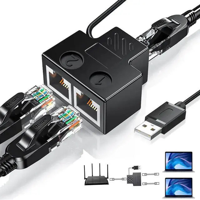 Main image of WRIARICH 1 to 2 RJ45 Gigabit Ethernet Splitter, Mini 2-Port Network Switch with USB Power Supply Cable, Compatible with Cat5/Cat6/Cat7/Cat8 Cables, Supports Two Devices Online Simultaneously