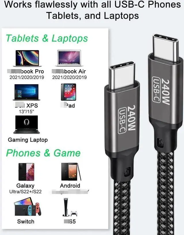 Alt view image 2 of 7 - WRIARICH 2M/6.6FT Nylon Braided USB-C to USB-C Cable | PD3.1 240W(48V 5A) Super Fast Charging Cord Compatible with MacBook Pro, iPad Pro, Galaxy S22/A10 & All USB-C Devices