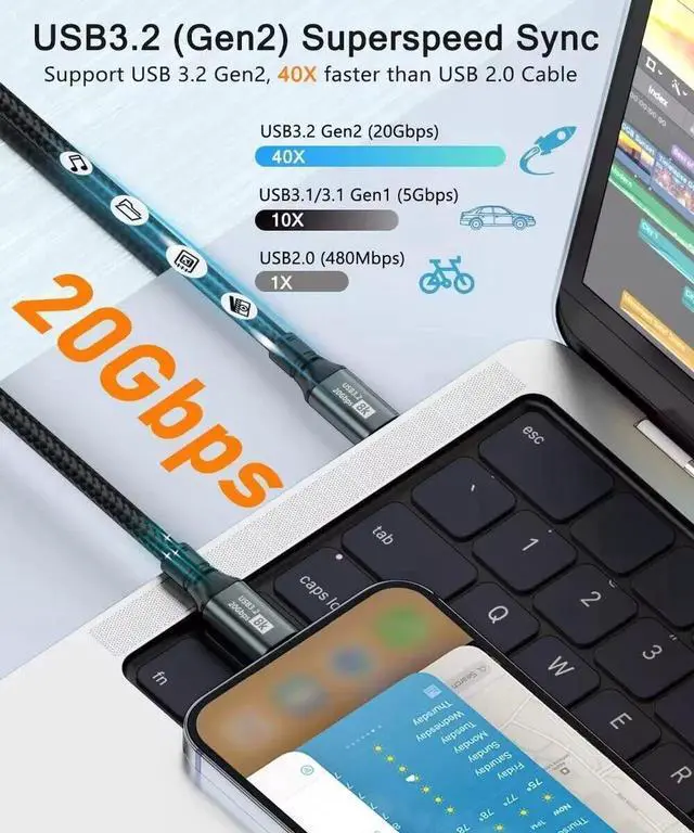 Alt view image 7 of 7 - WRIARICH 6.6FT Full-Function USB-C 3.2 Gen2 Cable | 20Gbps Data, 100W PD Charging, 8K@60Hz Video Output for iPhone 15/16 Series, MacBook, iPad Pro