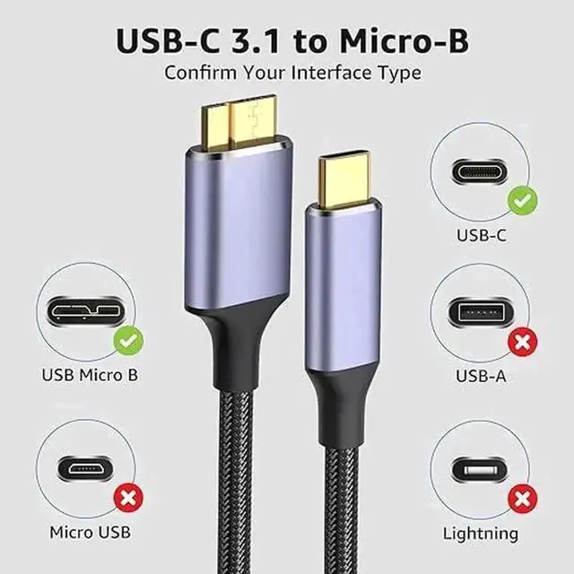 Alt view image 2 of 6 - WRIARICH USB C to Micro B Hard Drive Cable, 3.3ft/1M USB 3.0 5Gbps Data Transfer Cord for External HDD/SSD, Compatible with MacBook Pro/Air, iPad, Samsung Galaxy & More Black