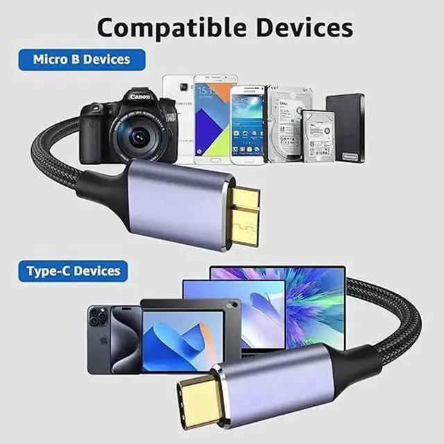 Alt view image 5 of 6 - WRIARICH USB C to Micro B Hard Drive Cable, 3.3ft/1M USB 3.0 5Gbps Data Transfer Cord for External HDD/SSD, Compatible with MacBook Pro/Air, iPad, Samsung Galaxy & More Black