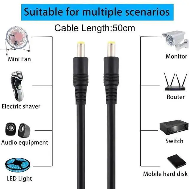 Alt view image 2 of 6 - WRIARICH 5.5x2.5mm Male to Male DC Power Extension Cable, 50cm Black DC Plug Connector Cord