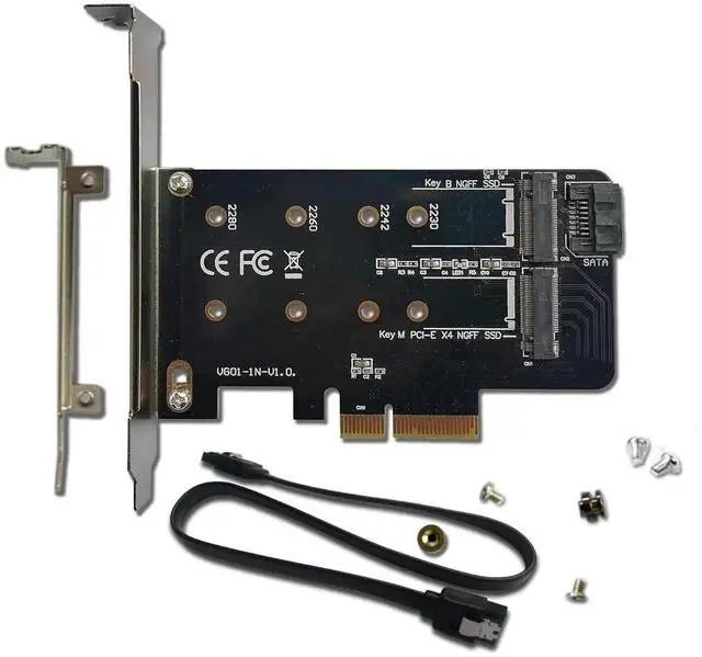 Main image of WRIARICH PCIe 4.0 x4 Dual M.2 Adapter Card, Supports 1×M-Key NVMe SSD + 1×B/B+M-Key SATA SSD, Compatible with 2230/2242/2260/2280 NGFF Drives, Comes with SATA 3.0 Cable