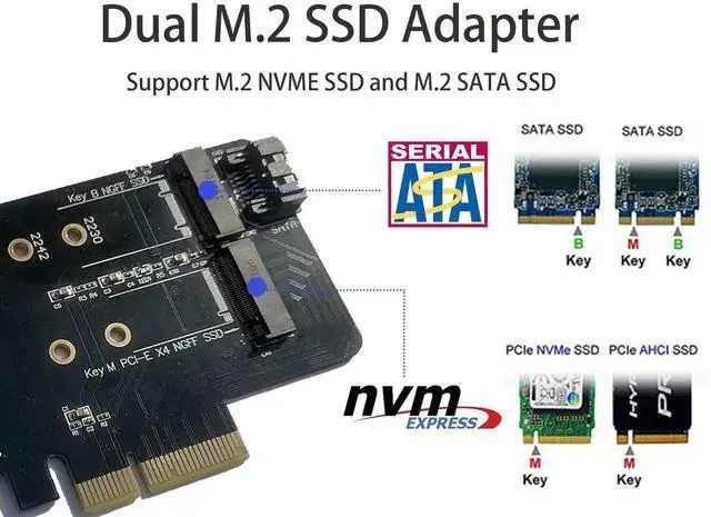 Alt view image 6 of 6 - WRIARICH PCIe 4.0 x4 Dual M.2 Adapter Card, Supports 1×M-Key NVMe SSD + 1×B/B+M-Key SATA SSD, Compatible with 2230/2242/2260/2280 NGFF Drives, Comes with SATA 3.0 Cable