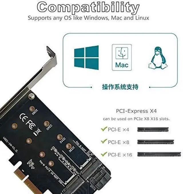 Alt view image 2 of 6 - WRIARICH PCIe 4.0 x4 Dual M.2 Adapter Card, Supports 1×M-Key NVMe SSD + 1×B/B+M-Key SATA SSD, Compatible with 2230/2242/2260/2280 NGFF Drives, Comes with SATA 3.0 Cable