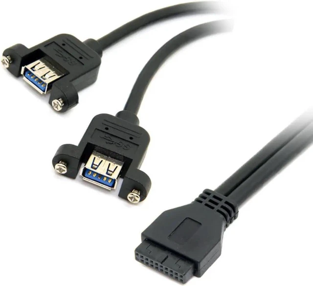 Alt view image 2 of 3 - WRIARICH 40cm Black USB 3.0 Dual Female Ports Cable, Screw Mount to 20Pin Motherboard Header