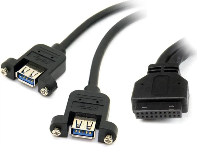 Alt view image 3 of 3 - WRIARICH 40cm Black USB 3.0 Dual Female Ports Cable, Screw Mount to 20Pin Motherboard Header