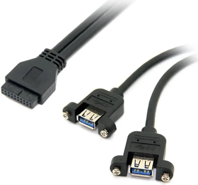 Main image of WRIARICH 40cm Black USB 3.0 Dual Female Ports Cable, Screw Mount to 20Pin Motherboard Header
