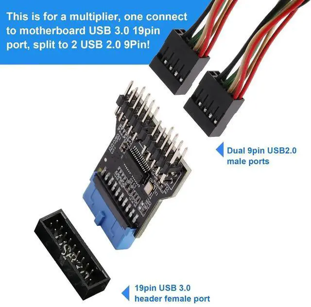 Alt view image 4 of 7 - WRIARICH USB3.0 19Pin to Dual USB2.0 9Pin Front Panel Header Adapter Card, Mainboard 19PIN to Double 9PIN Internal Expansion Converter