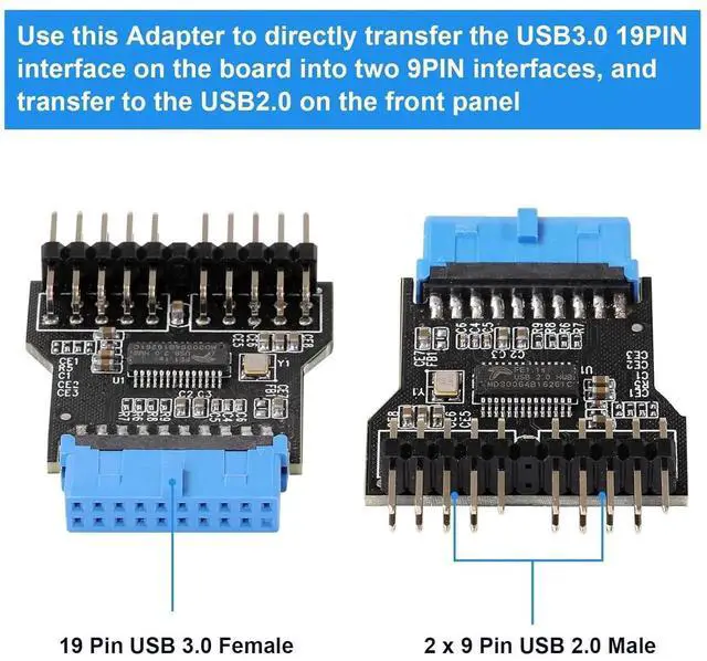 Alt view image 3 of 7 - WRIARICH USB3.0 19Pin to Dual USB2.0 9Pin Front Panel Header Adapter Card, Mainboard 19PIN to Double 9PIN Internal Expansion Converter