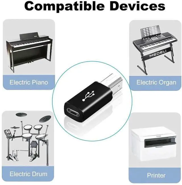 Alt view image 4 of 4 - WRIARICH 2 Pack USB B Male to USB C Female MIDI Adapter, USB Type B to USB-C Converter Connector Compatible with Printer, Electric Piano, MIDI Keyboard, Laptop, Tablet, All USB-C Devices