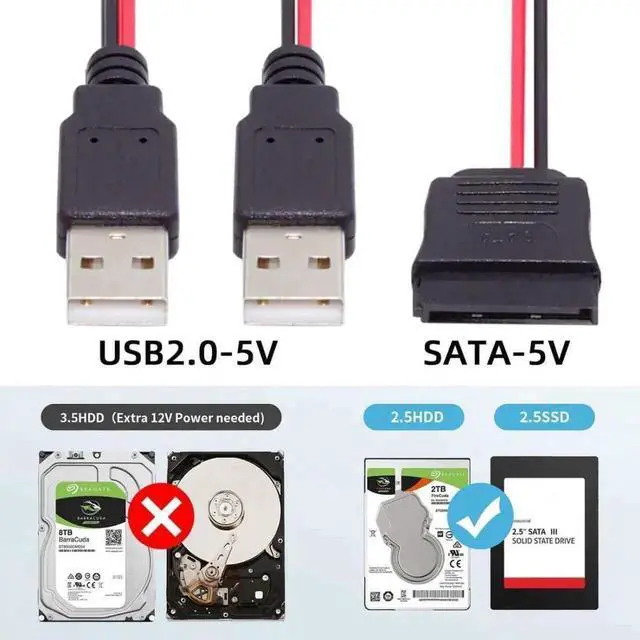 Alt view image 5 of 7 - WRIARICH SATA 15Pin 1 to 2 USB 2.0 Power Cable, 5V 2A Auxiliary Power Cord for 2.5" SATA HDD SSD