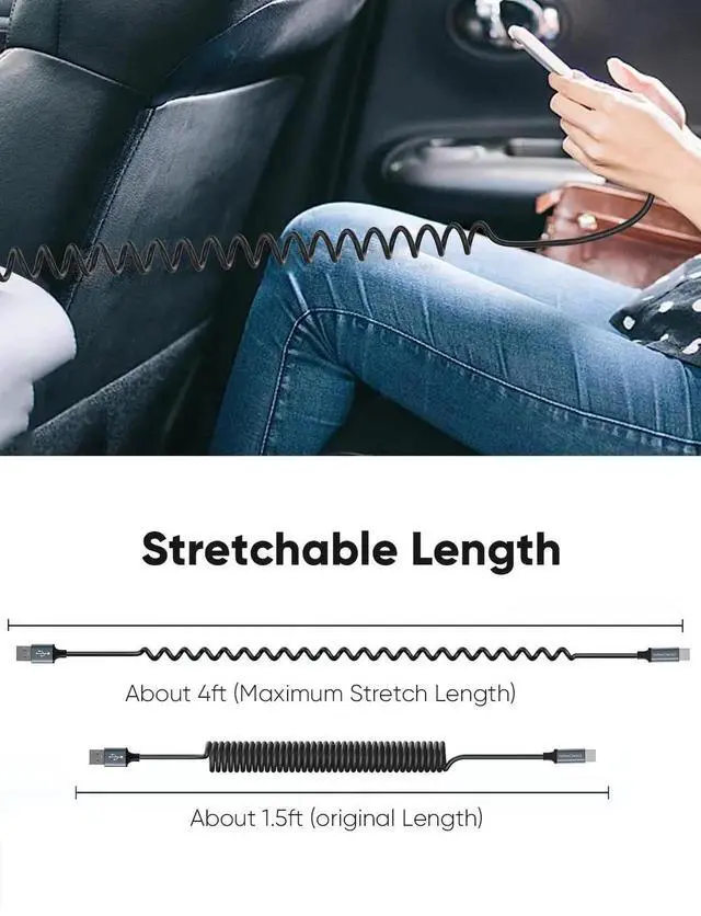 Alt view image 5 of 7 - WRIARICH Coiled USB A to USB-C Charging & Data Cable | Car-Use Cord for CarPlay & Android Auto, Compatible with iPhone 15/16, Samsung S24/S23, Pixel & Tablets