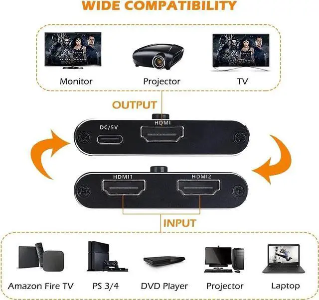 Alt view image 6 of 7 - Bi-Directional HDMI 2.1 Switch 2 in 1 Out /1 in 2 Out, 8K@60Hz 4K@120Hz HDMI Splitter Switcher 48Gbps, Support VRR HDCP 2.3 HDR10 Dolby Vision, Compatible with PS4 PS5, Xbox, SkyQ, Roku, Apple TV, Fir