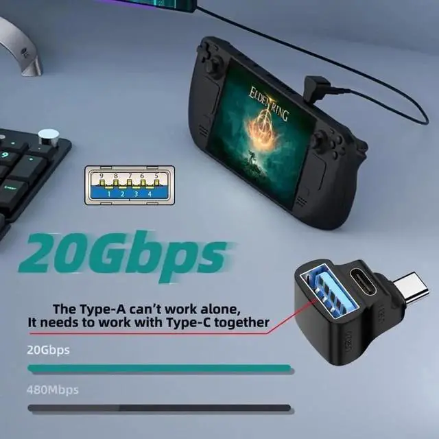 Alt view image 4 of 7 - WRIARICH 90° Angled USB3.0 Type-C Male Splitter Adapter, 10Gbps, Dual USB-A OTG + Type-C PD Pass-Through Port, Compatible with Steam Deck & Laptops