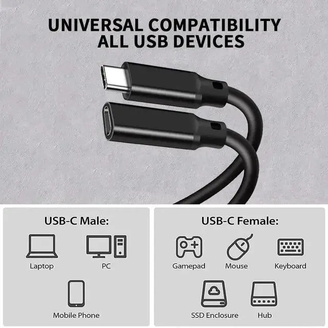 Alt view image 4 of 7 - WRIARICH 3.3FT USB-C Extension Cable, USB 3.2 Gen 2x2 20Gbps Male to Female Cord, 5A PD 240W Fast Charging & 4K@60Hz Video Cable for MacBook, iPad Pro, iPhone 15/16, SSD, Switch - Black