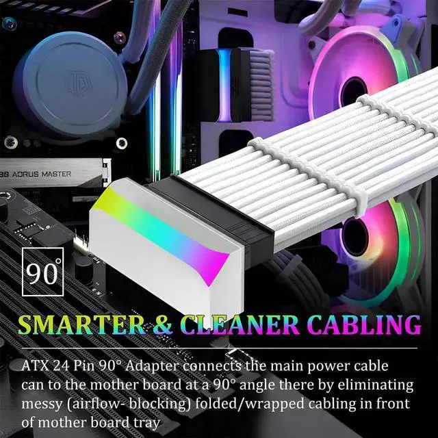 Alt view image 4 of 7 - WRIARICH White ATX 24Pin 90 Degree Power Adapter with 5V 3Pin ARGB, Male to Female Connector for Motherboard & PSU
