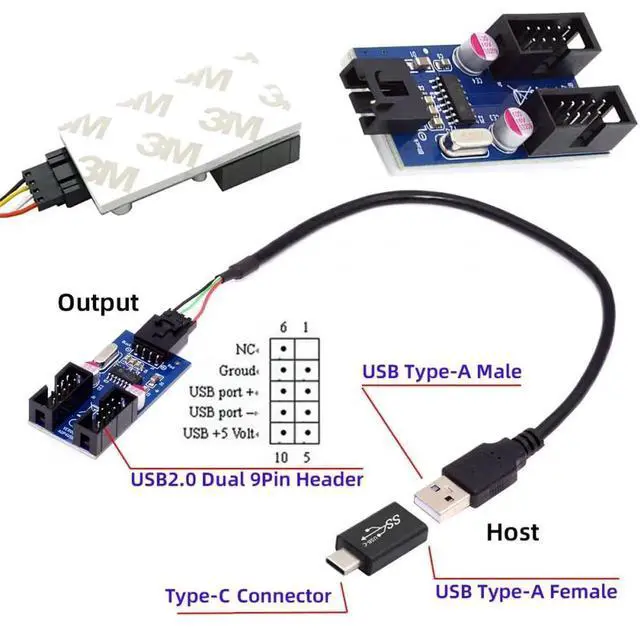 Alt view image 5 of 7 - WRIARICH USB 3.1 Type-C Male to Dual USB-A Female Hub Adapter, Motherboard 9Pin/10Pin Header 1-to-2 USB Port Multiplier Splitter Cable