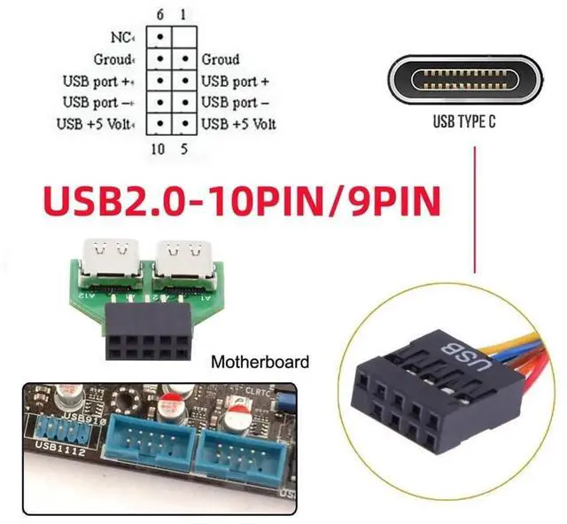 Alt view image 4 of 7 - WRIARICH Dual Port USB 3.1 Type-C Female to Motherboard 9Pin 10Pin USB Header Adapter PCBA, 480Mbps USB 2.0 Internal Front Panel Connector for DIY PC Case