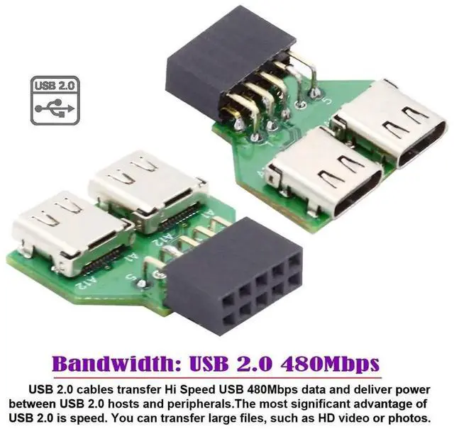 Alt view image 6 of 7 - WRIARICH Dual Port USB 3.1 Type-C Female to Motherboard 9Pin 10Pin USB Header Adapter PCBA, 480Mbps USB 2.0 Internal Front Panel Connector for DIY PC Case