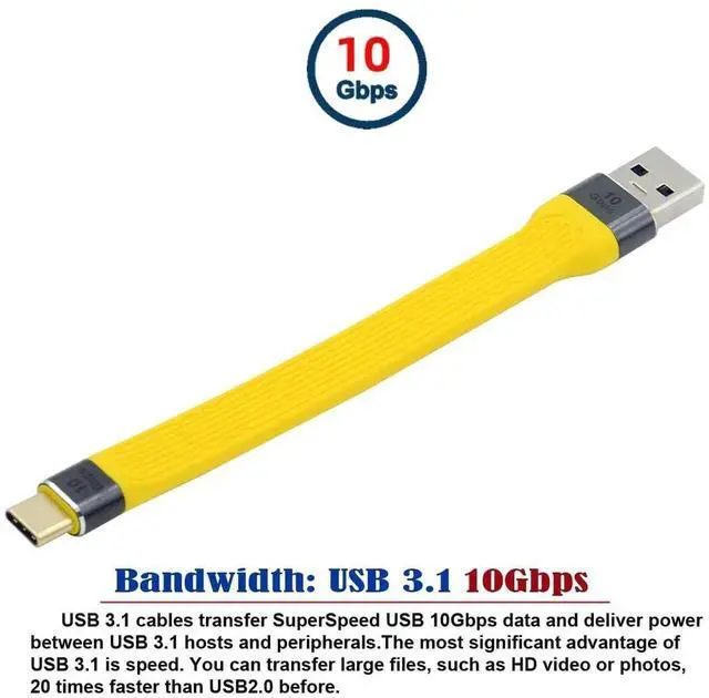 Alt view image 5 of 7 - WRIARICH 13cm Yellow Flat FPC USB 3.1 Gen2 Cable, USB-C Male to USB-A Male 10Gbps High Speed Slim Data Cord for Laptop & Smartphone