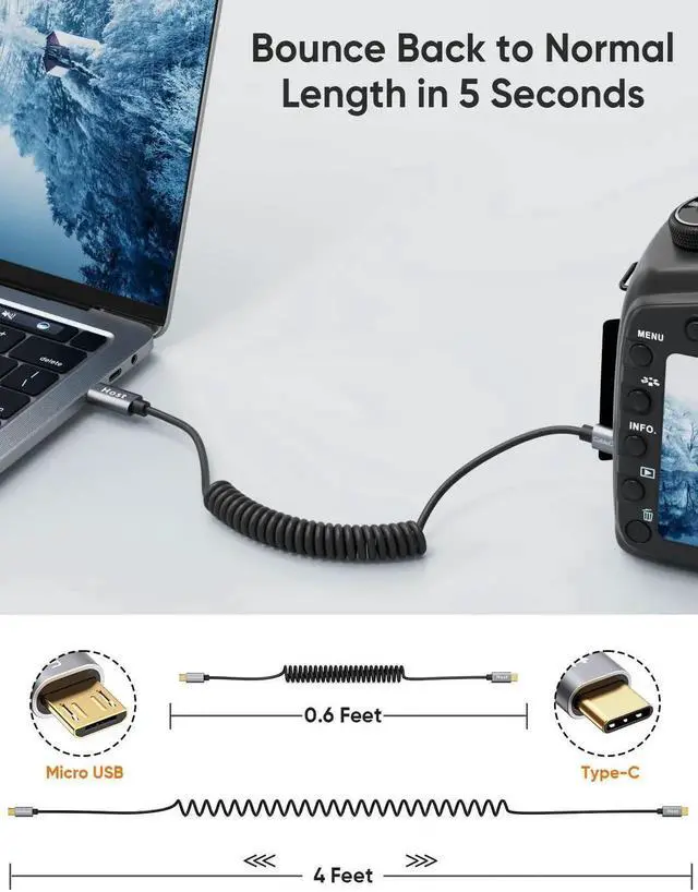 Alt view image 7 of 7 - WRIARICH 4FT/1.2M Coiled USB-C to Micro USB OTG Cable, 480Mbps Charging & Data Cord, Black