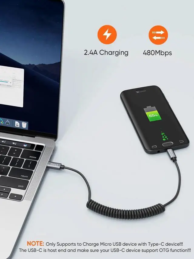 Alt view image 5 of 7 - WRIARICH 4FT/1.2M Coiled USB-C to Micro USB OTG Cable, 480Mbps Charging & Data Cord, Black