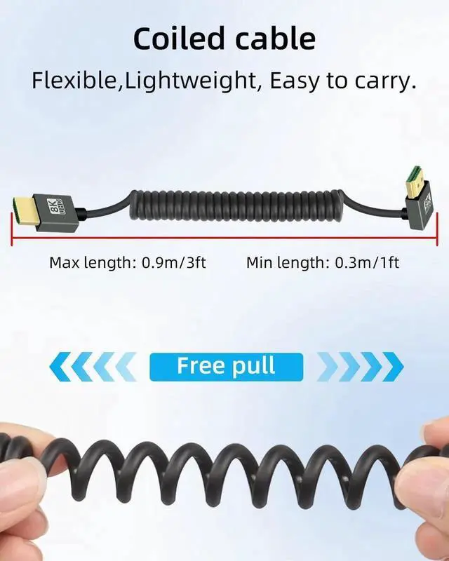 Alt view image 5 of 7 - WRIARICH 2.2FT Down Angle 270° Coiled HDMI 2.1 Cable, 48Gbps 8K@60Hz Spiral Spring Cord for Camera, TV, Capture Card & Tablet