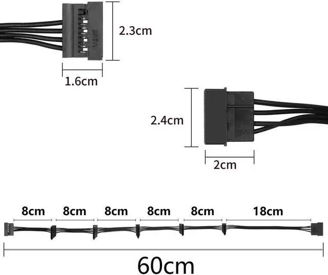 Alt view image 4 of 7 - WRIARICH LP4 4-Pin IDE to 6-Port SATA 15Pin Power Splitter Cable for PC Server HDD SSD