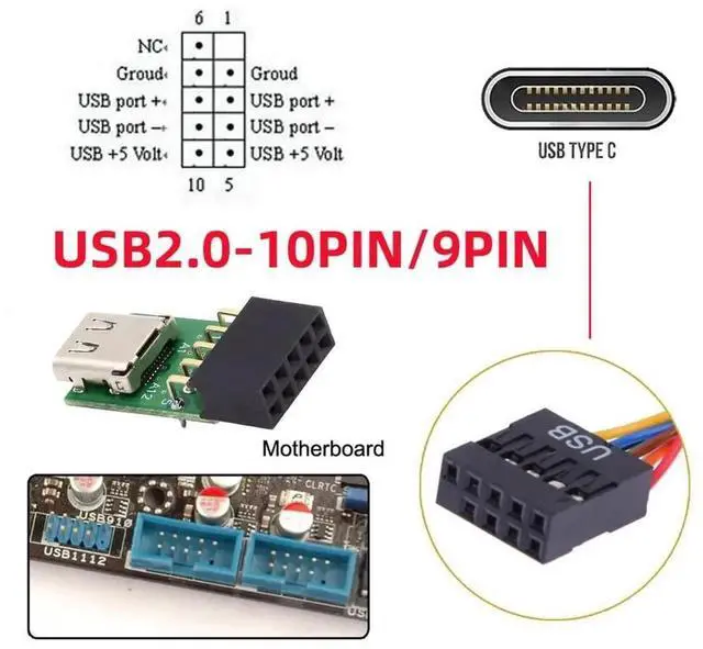 Alt view image 7 of 7 - WRIARICH Single Port USB-C Female to Motherboard 9Pin 10Pin USB Header PCBA Adapter, 480Mbps USB 2.0 Internal Front Panel Connector for DIY Desktop PC