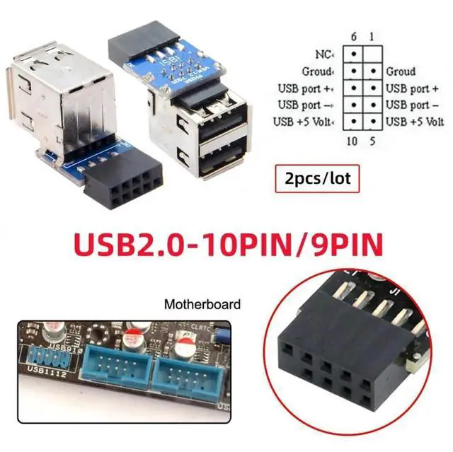 Alt view image 4 of 7 - WRIARICH 2-Pack Vertical 9/10Pin Motherboard Header to Dual USB 2.0 Female Adapter, Internal Mainboard USB 2.0 Front Panel Converter for DIY PC Cases